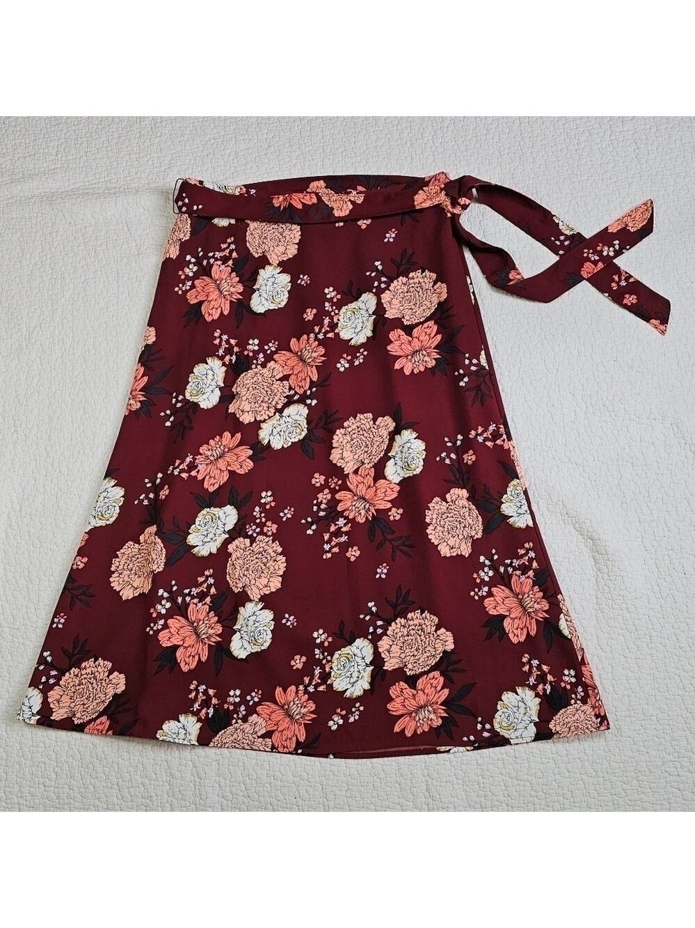 LOFT  Floral Maron Midi Skirt with Self-Tie Sash Belt